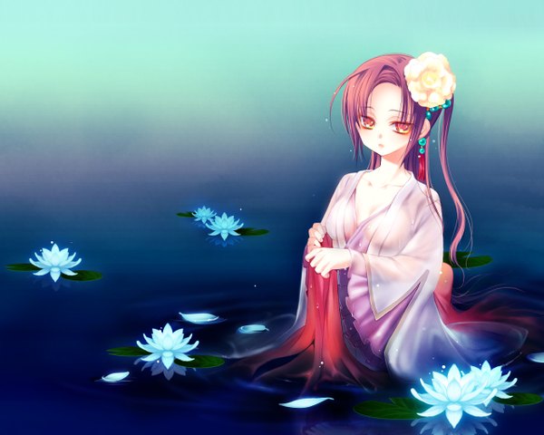 Anime picture 1280x1024 with original gimei single long hair red eyes brown hair hair flower wet girl dress hair ornament flower (flowers) water lotus