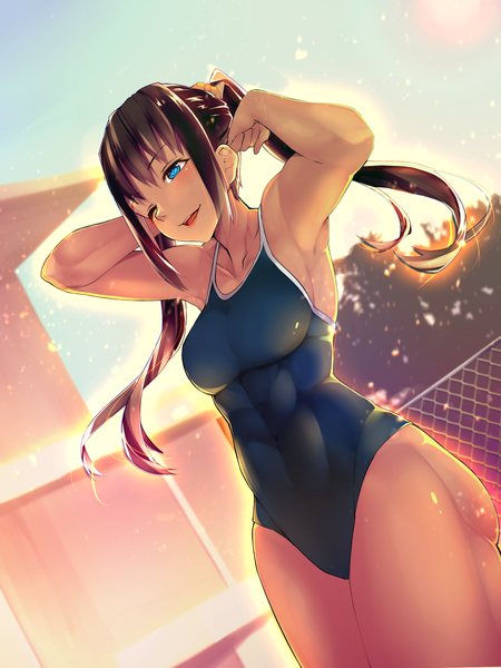 Anime picture 1500x2000 with original bonkiru single long hair tall image blush fringe breasts open mouth blue eyes light erotic brown hair large breasts twintails bare shoulders payot looking away sky outdoors dutch angle