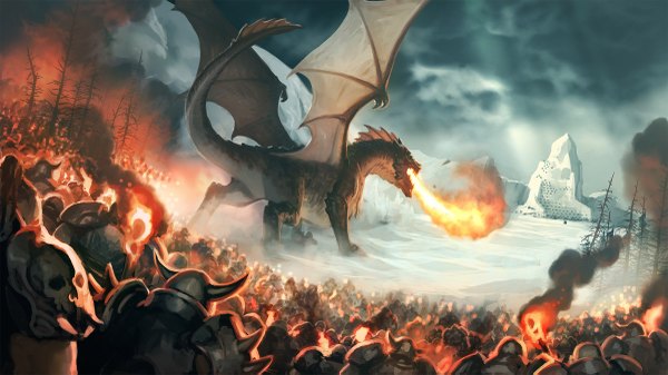 Anime picture 1200x675 with jason chan wide image horn (horns) smoke battle army war plant (plants) wings tree (trees) armor fire helmet dragon flame