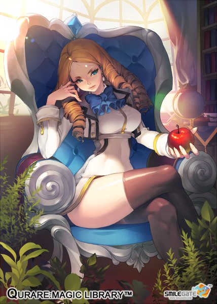 Anime picture 1000x1400 with original matsuki ringo long hair tall image blue eyes brown hair sitting crossed legs drill hair girl thighhighs dress black thighhighs plant (plants) bowtie fruit armchair apple