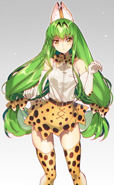 Anime picture 600x971 with code geass kemono friends sunrise (studio) c.c. creayus single long hair tall image looking at viewer blush fringe simple background hair between eyes standing twintails bare shoulders animal ears yellow eyes payot green hair