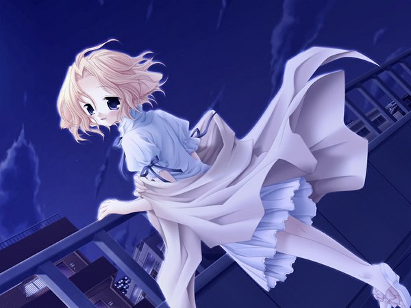 Anime picture 1024x768 with pure pure sachi blue eyes blonde hair game cg night girl