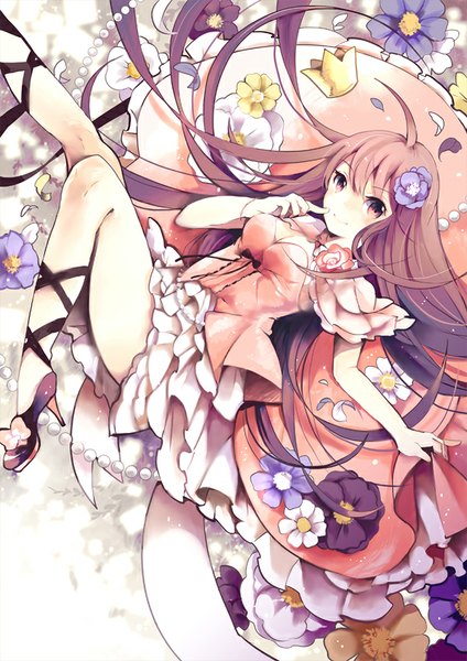 Anime picture 600x849 with original azuma aya single long hair tall image looking at viewer smile purple eyes purple hair ahoge high heels legs finger to mouth girl dress flower (flowers) petals crown beads