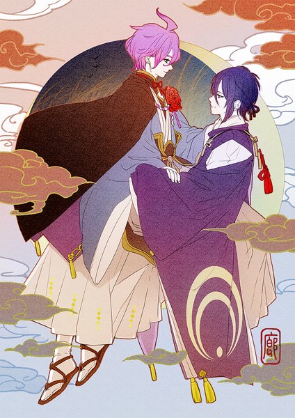 Anime picture 800x1131 with touken ranbu nitroplus mikazuki munechika kasen kanesada ihiro tall image short hair blue eyes smile sitting blue hair purple hair cloud (clouds) ahoge traditional clothes japanese clothes profile wide sleeves multiple boys sleeves past wrists