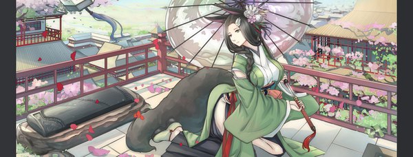 Anime picture 3500x1332 with original kikivi single long hair highres breasts light erotic black hair wide image large breasts animal ears looking away tail braid (braids) traditional clothes japanese clothes animal tail hair flower black eyes side slit