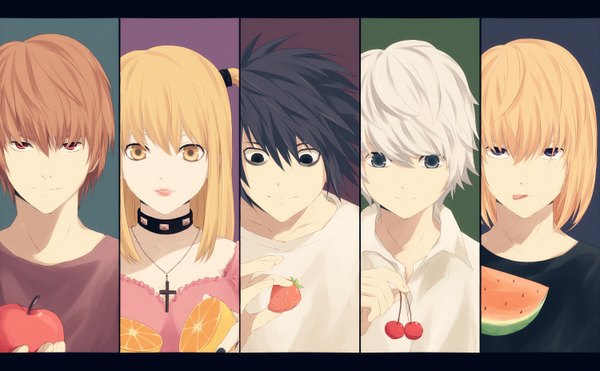 Anime picture 1500x929 with death note madhouse yagami light l (death note) amane misa mello (mihael keehl) near saik (pixiv2239866) long hair short hair black hair blonde hair brown hair wide image twintails brown eyes white hair black eyes group multiview