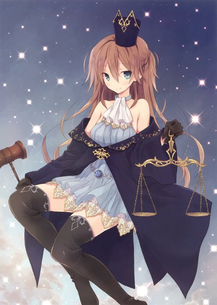 Anime picture 2489x3500 with original komiya yuuta single long hair tall image looking at viewer highres blue eyes brown hair bare shoulders scan official art girl thighhighs dress gloves black thighhighs black gloves