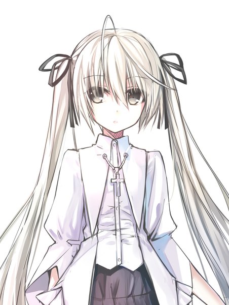 Anime picture 904x1200 with yosuga no sora kasugano sora hika (cross-angel) single long hair tall image fringe simple background hair between eyes white background twintails payot looking away ahoge parted lips puffy sleeves girl ribbon (ribbons) hair ribbon cross
