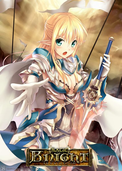 Anime picture 700x980 with magic knight armageddon luzi (coffee-straw-luzi) single long hair tall image blush open mouth blonde hair sky cloud (clouds) aqua eyes pointy ears sunlight inscription reversed girl gloves weapon elbow gloves white gloves