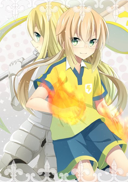 Anime picture 850x1201 with inazuma eleven inazuma eleven go inazuma eleven go chrono stone kirino ranmaru jeanne d'arc (inazuma eleven) izumi39 long hair tall image looking at viewer blonde hair smile twintails green eyes profile low twintails magic girl boy uniform weapon