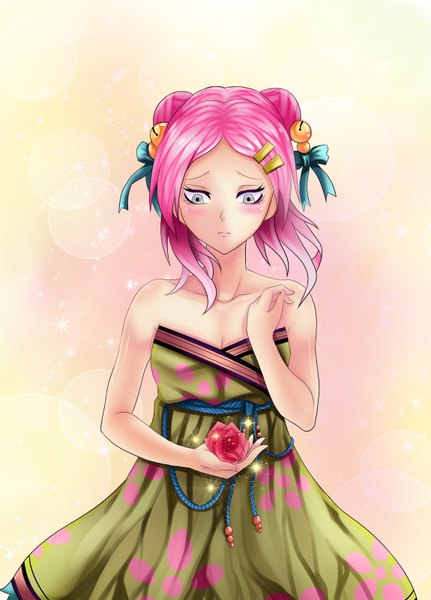 Anime picture 2300x3204 with original gin (pixiv 31857261) single tall image blush highres short hair bare shoulders pink hair silver hair looking down girl dress hair ornament flower (flowers) ribbon (ribbons) hairclip rose (roses)