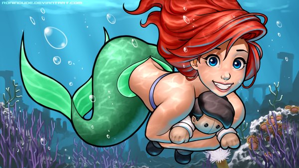 Anime picture 3840x2160 with the little mermaid disney ariel ronin dude (ray cornwell) single long hair highres short hair blue eyes black hair smile wide image holding absurdres red hair tail black eyes eyebrows underwater fish tail
