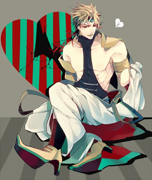 Anime picture 700x827 with jojo no kimyou na bouken dio brando takashi (huzakenna) single tall image blonde hair red eyes sitting bare shoulders looking away red hair multicolored hair grey background two-tone hair high heels lipstick muscle green lipstick boy earrings