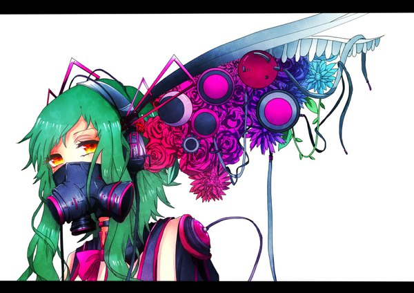 Anime picture 1000x708 with vocaloid gumi tagme (artist) single long hair looking at viewer fringe yellow eyes green hair alternate costume head wings girl flower (flowers) headphones bowtie respirator