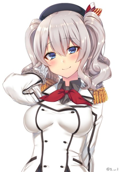 Anime picture 901x1270 with kantai collection kashima training cruiser navy (navy.blue) single long hair tall image looking at viewer blush fringe blue eyes simple background smile hair between eyes white background twintails grey hair girl uniform bowtie beret