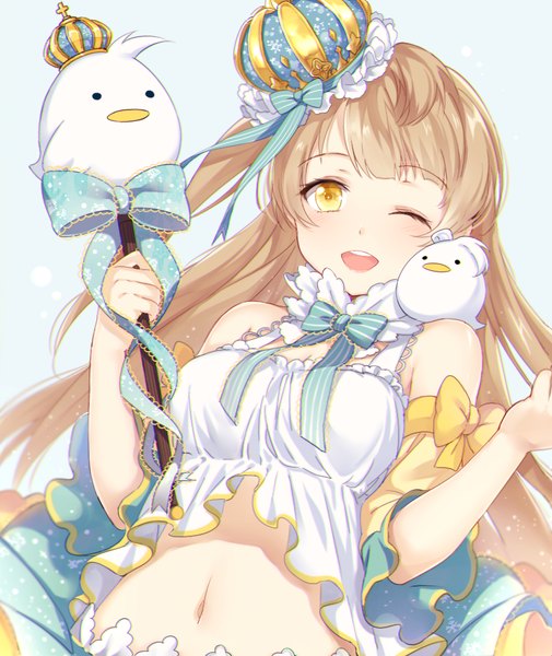 Anime picture 830x985 with love live! school idol project sunrise (studio) love live! minami kotori minami kotori (bird) mery (yangmalgage) single long hair tall image blush fringe open mouth simple background brown hair bare shoulders yellow eyes one eye closed wink bare belly one side up