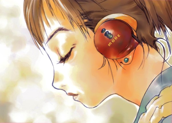 Anime picture 2889x2073 with original artworks re boot okazaki takeshi single highres short hair simple background brown hair eyes closed profile close-up face girl earrings headphones