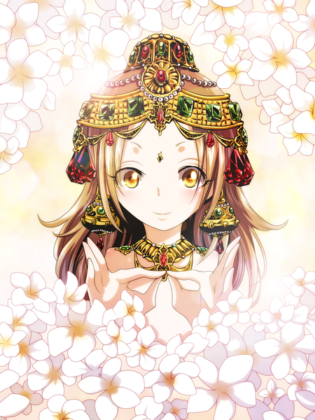 Anime picture 1200x1600 with shaman king xebec hao-hime single long hair tall image smile brown hair yellow eyes coloring girl hair ornament flower (flowers) jewelry crown