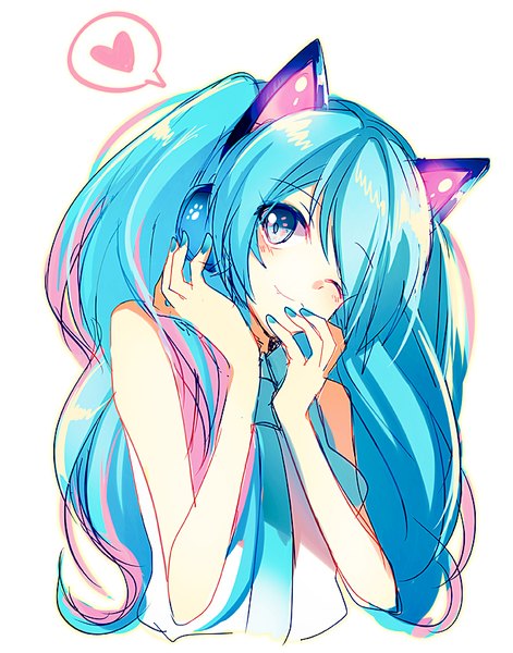 イラスト 662x842 と ボーカロイド axent wear headphones 初音ミク ミヤナギ ソロ 長髪 長身像 カメラ目線 赤面 前髪 simple background 笑顔 白背景 ツインテール 肩出し upper body nail polish head tilt one eye closed aqua eyes