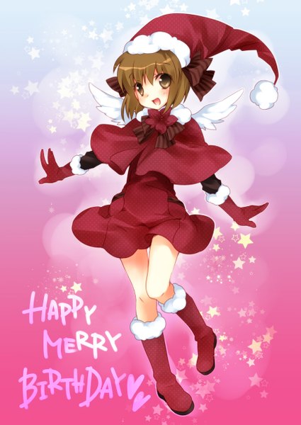 Anime picture 860x1215 with idolmaster hagiwara yukiho ech single tall image looking at viewer blush fringe short hair open mouth hair between eyes brown hair standing brown eyes bent knee (knees) fur trim standing on one leg christmas spread arms white wings
