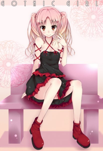 Anime picture 1500x2182 with original amatsuki hotaru single long hair tall image blush smile red eyes sitting pink hair girl ribbon (ribbons) shoes frills sundress