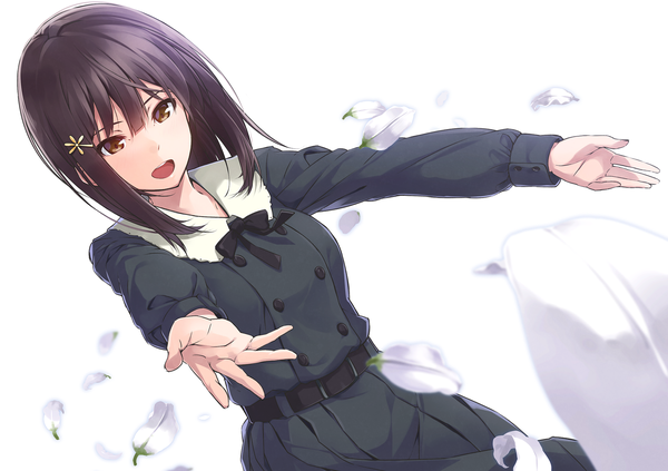 Anime picture 1700x1200 with flowers (innocent grey) innocent grey kousaka mayuri nanaku teiru single long hair looking at viewer fringe open mouth black hair simple background hair between eyes standing white background brown eyes wind dutch angle spread arms girl dress