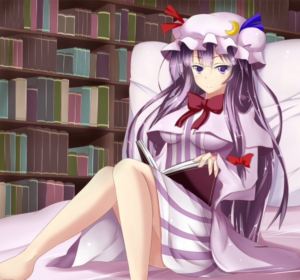 Anime picture 1200x1120 with touhou patchouli knowledge single long hair looking at viewer smile sitting purple eyes purple hair legs crescent girl dress bow book (books) bonnet shelf bookshelf