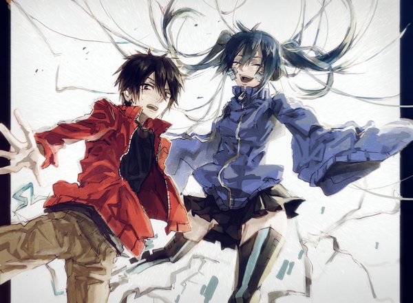 Anime picture 2111x1554 with kagerou project shaft (studio) ene (kagerou project) kisaragi shintarou dasaki long hair looking at viewer fringe highres open mouth black hair twintails blue hair eyes closed pleated skirt black eyes open clothes wide sleeves open jacket happy