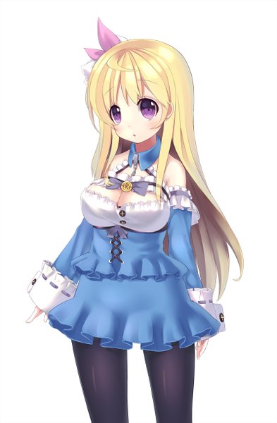 Anime picture 800x1219 with original ririko (zhuoyandesailaer) single long hair tall image looking at viewer simple background blonde hair white background purple eyes bare shoulders girl dress detached sleeves frills