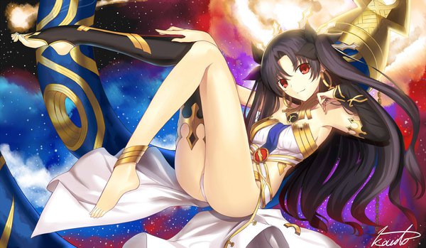 Anime picture 2000x1166 with fate (series) fate/grand order toosaka rin ishtar (fate) kauto single long hair looking at viewer highres light erotic black hair red eyes wide image signed full body barefoot two side up leg lift (legs lift) weightlessness girl