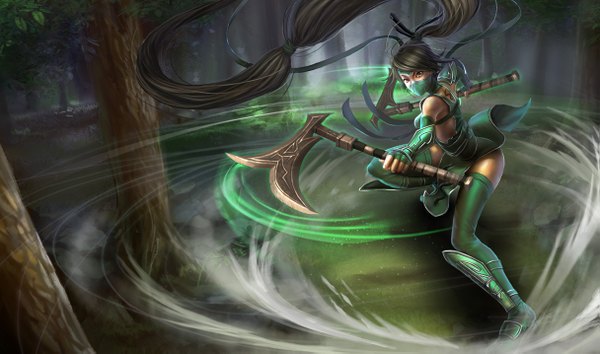 Anime picture 1215x717 with league of legends akali (league of legends) single black hair wide image bare shoulders ponytail very long hair girl thighhighs weapon plant (plants) tree (trees) armor mask