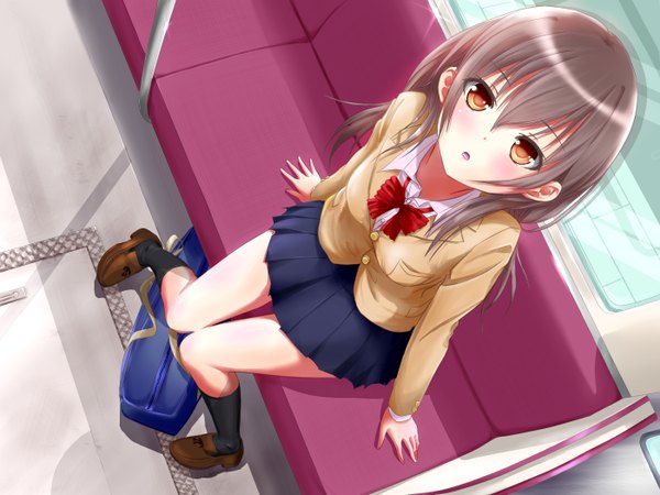 Anime picture 1400x1050 with original hajimetomikan single long hair looking at viewer blush brown hair sitting from above orange eyes knees together feet apart train interior girl skirt miniskirt shirt socks shoes jacket bowtie