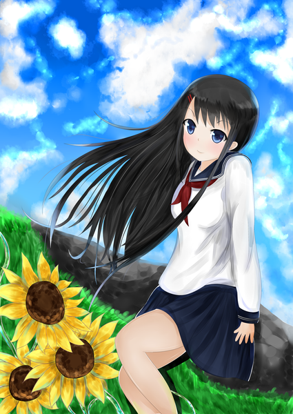 Anime picture 2507x3541 with original futoimomoe single long hair tall image blush highres blue eyes black hair sky cloud (clouds) girl skirt miniskirt serafuku sunflower