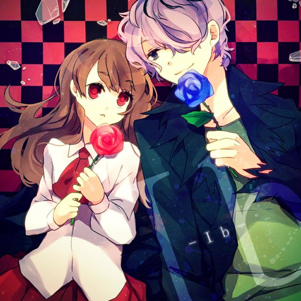 Anime picture 1000x1000 with ib (game) garry (ib) ib (ib) long hair fringe short hair open mouth smile red eyes brown hair purple eyes signed purple hair hair over one eye inscription couple checkered background girl boy flower (flowers)