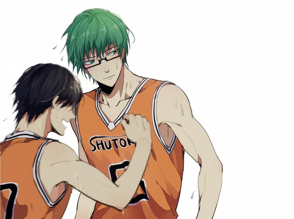 Anime picture 1000x745 with kuroko no basket production i.g midorima shintarou takao kazunari kurasaki ken short hair open mouth black hair simple background white background green eyes looking away upper body profile green hair multiple boys sweat screaming boy uniform