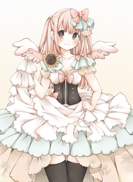 Anime picture 900x1232 with original mottida single long hair tall image looking at viewer blush smile brown eyes pink hair girl thighhighs dress bow black thighhighs hair bow wings