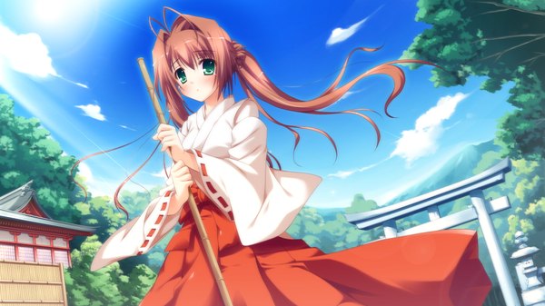 Anime picture 1920x1080 with blush highres brown hair wide image twintails green eyes japanese clothes girl torii