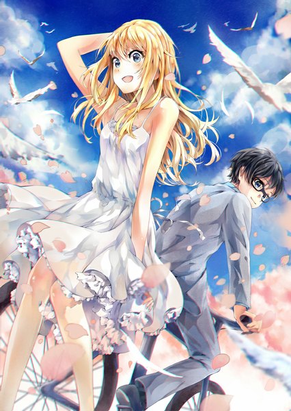 Anime picture 750x1055 with shigatsu wa kimi no uso a-1 pictures miyazono kaori arima kousei teka long hair tall image blush short hair open mouth blue eyes black hair blonde hair sky cloud (clouds) couple girl dress boy animal