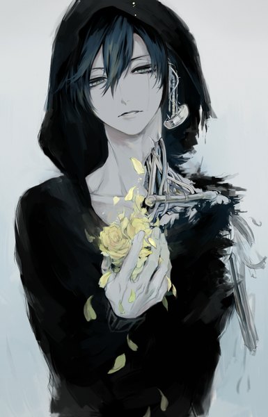 Anime picture 1026x1600 with original asarai single tall image fringe short hair black hair simple background hair between eyes long sleeves parted lips head tilt blurry grey background grey eyes outstretched arm grey skin boy flower (flowers) petals