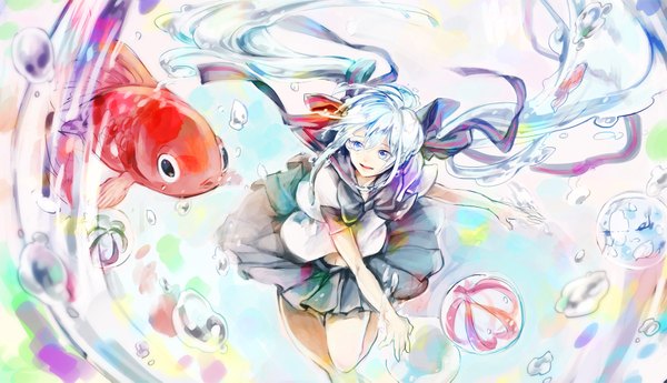 Anime picture 1800x1037 with vocaloid hatsune miku bottle miku eim long hair highres open mouth wide image twintails pleated skirt aqua eyes aqua hair liquid hair girl skirt bow ribbon (ribbons) hair ribbon animal water