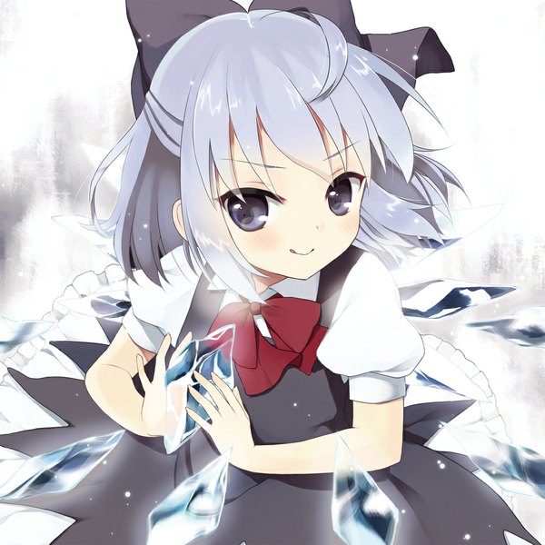 Anime picture 1000x1000 with touhou cirno purin jiisan single blush short hair blue eyes silver hair :p girl dress bow hair bow ice