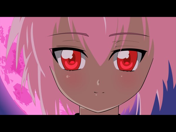 Anime picture 1600x1200 with tsukuyomi moon phase artemis (tsukuyomi) single looking at viewer fringe short hair hair between eyes red eyes pink hair light smile letterboxed close-up girl moon full moon