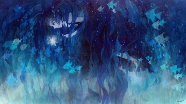 Anime picture 1200x675 with vocaloid hatsune miku 72 (nananatsu) single long hair wide image purple hair barefoot alternate color girl dress black dress star (symbol) fish (fishes)