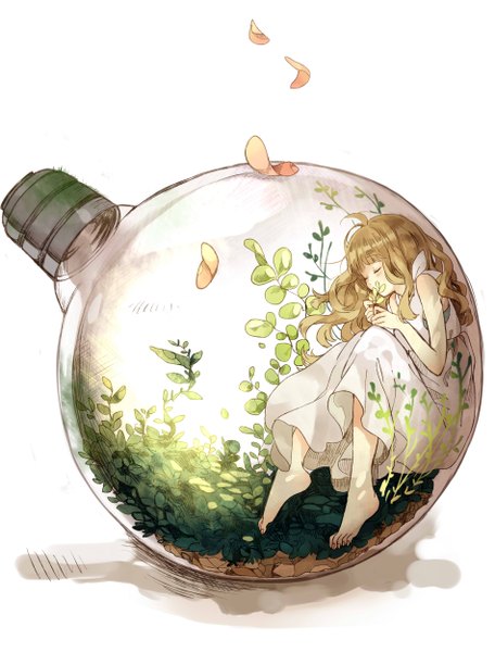 Anime picture 1900x2500 with original suzukiko single long hair tall image blush fringe highres simple background blonde hair white background sitting bent knee (knees) eyes closed barefoot no shoes wavy hair girl dress flower (flowers)