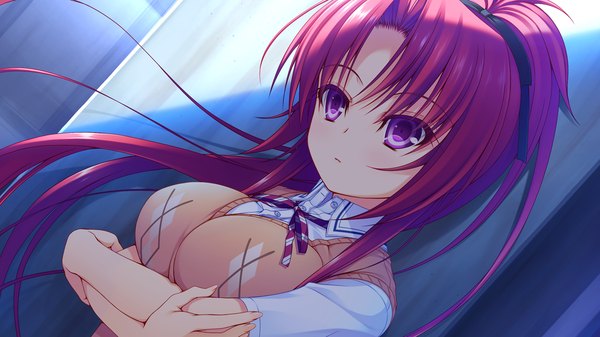 Anime picture 1280x720 with re:birth colony rindou ruri (re:birth colony) asami asami long hair wide image purple eyes game cg ponytail red hair girl sweater