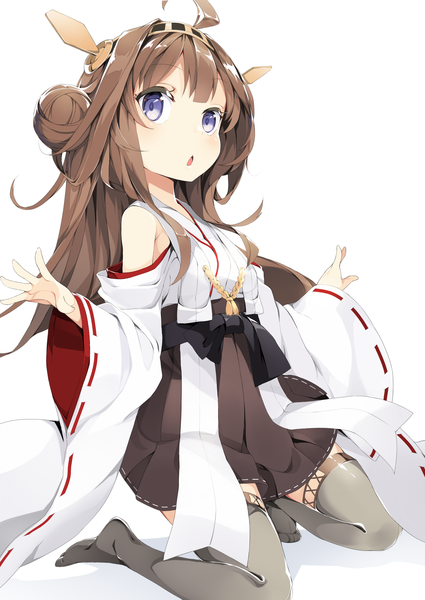 Anime picture 1254x1771 with kantai collection kongou battleship mafu9 single long hair tall image blush fringe open mouth blue eyes simple background brown hair white background sitting ahoge bent knee (knees) long sleeves wide sleeves hair bun (hair buns) no shoes