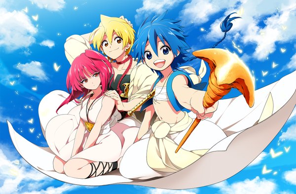 Anime picture 2000x1310 with magi the labyrinth of magic a-1 pictures morgiana aladdin (magi) ali baba saluja dalc rose highres short hair open mouth blue eyes blonde hair smile red eyes blue hair cloud (clouds) red hair traditional clothes one side up girl boy