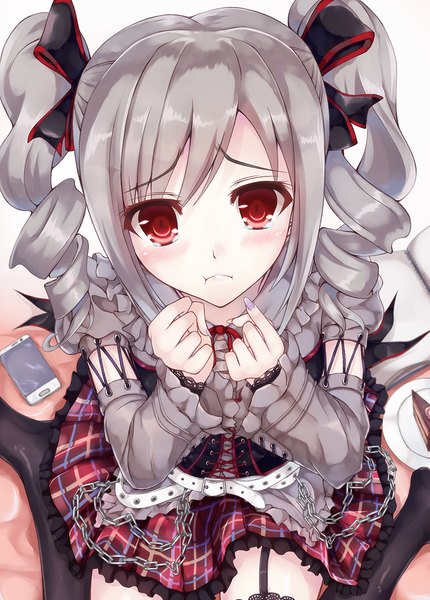 Anime picture 800x1116 with idolmaster idolmaster cinderella girls kanzaki ranko tenchou no matsumoto single long hair tall image looking at viewer blush red eyes sitting twintails nail polish pleated skirt from above grey hair no shoes drill hair wariza plaid skirt