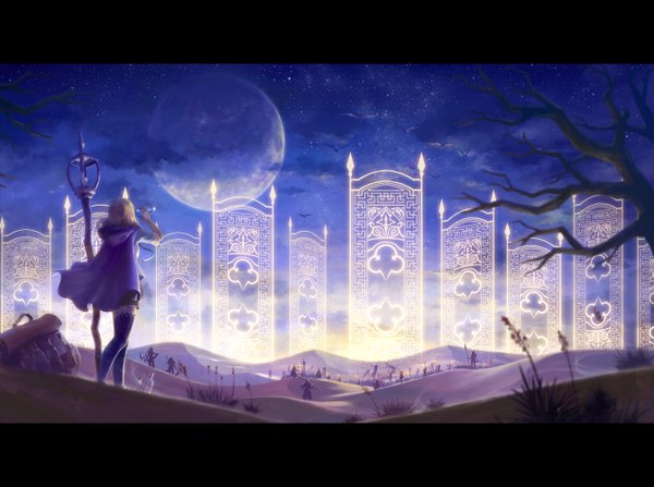 Anime picture 2682x2000 with original pixiv fantasia pixiv pixiv fantasia sword regalia g tong highres short hair blonde hair standing from behind night back letterboxed sand bare tree army desert girl thighhighs plant (plants)