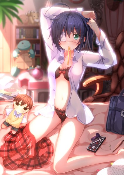 Anime picture 1018x1440 with chuunibyou demo koi ga shitai! kyoto animation takanashi rikka togashi yuuta swordsouls single tall image looking at viewer blush short hair light erotic green eyes blue hair open clothes arms up open shirt one side up mouth hold plaid skirt girl